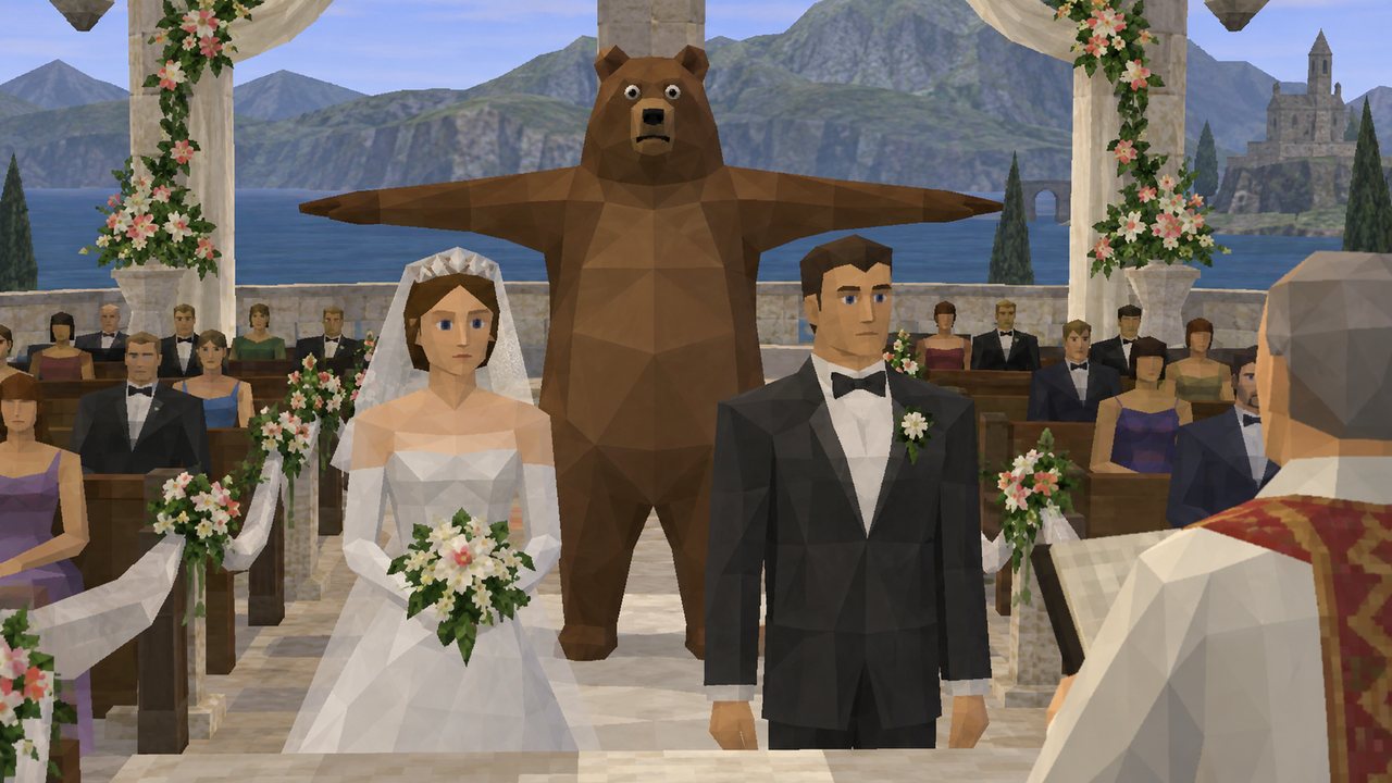 the bear in T-pose behind a wedding couple